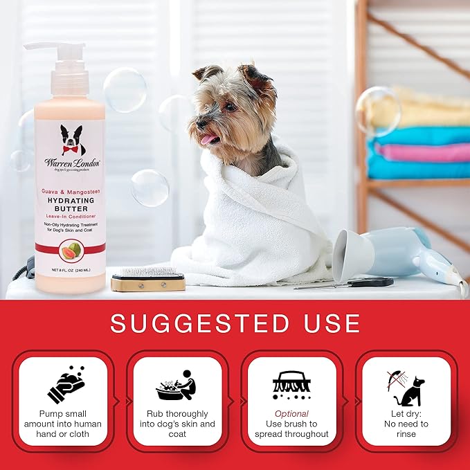 Warren London Hydrating Butter Leave in Pet Conditioner for Dogs | Lotion for Skin and Coat | Aloe Puppy & Dog Conditioner for Hair Detangler, Dry Skin, & Pet Fur Dandruff | Made in USA | Guava 8oz