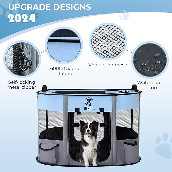 Foldable Pet Dog Playpen, Portable Dog Crate for Puppies, Cat, Rabbit, Chicks, Puppy Play Pen for Indoors, Kennel Tent Crate for Indoor Outdoor Travel Camping Use with Carrying Case (Blue, L)