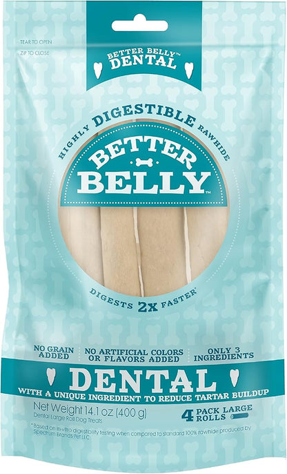 Better Belly Highly Digestible Rawhide Dental Chews, Treat Your Dog to a Chew with NO Artificial Colors or Flavors 4 Count (Pack of 1)