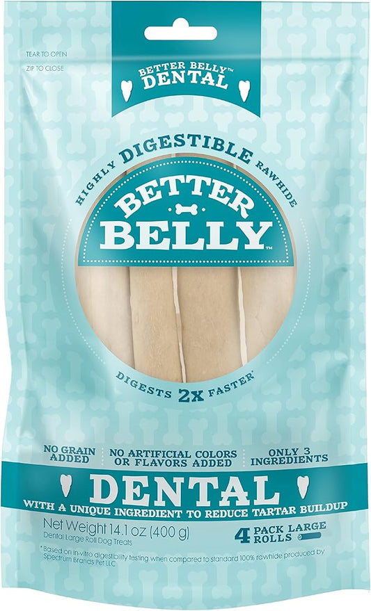 Better Belly Highly Digestible Rawhide Dental Chews, Treat Your Dog to a Chew with NO Artificial Colors or Flavors 4 Count (Pack of 1)