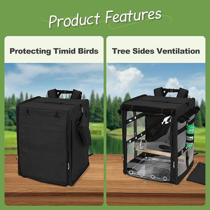 Suertree Bird Carrier Travel Cage, Cockatoo Carrier, Parrot Travel Backpack with Unbreakable Stainless Steel Mesh, Perch, Water Bottle and Food Bowl, X-Large Black