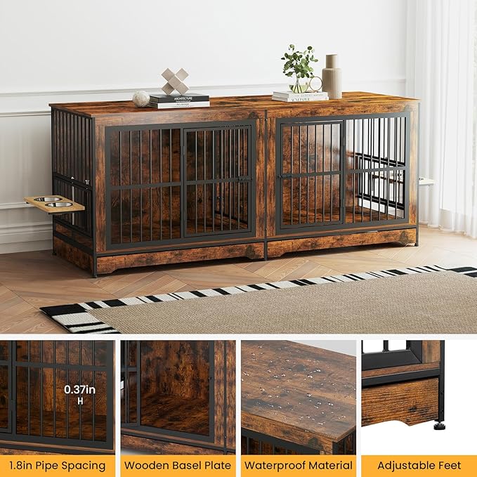 78 Inch Dog Crate Furniture with 4 Bowls, Double Dog Kennel Indoor with 360° Rotating and Adjustable Height Dog Bowl Holder, Brown Large Dog Wooden Crate with Divider for 2 Dogs