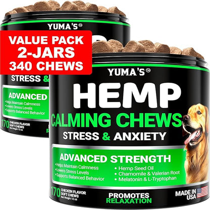 YUMA'S (2 Pack) Hemp Calming Chews for Dogs - Advanced Dog Calming Chews - Anxiety Relief Treats - Separation Aid, Barking, Stress Relief, Thunderstorms - Melatonin - Hemp Oil - Made in USA