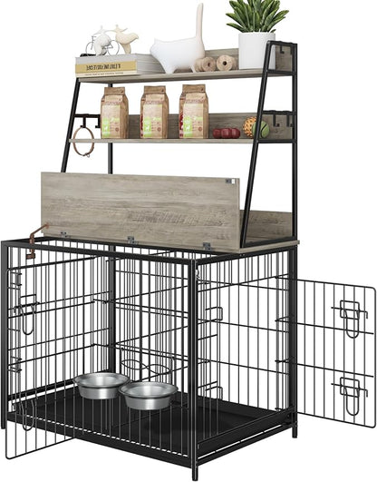 IDEALHOUSE Dog Crate Furniture,Flip-up Top Pet Crate Furniture,Indoor End Table Dog Cage with 3-Layer Storage Shelves,Dog Crates for Medium Dogs,Dog Kennel Furniture with Adjustable Bowls,Grey