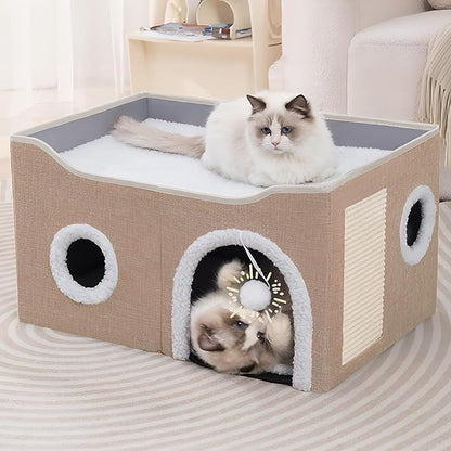 Cat Houses for Indoor Cats - Large Cat Bed Cave with Scratch Pad and Fluffy Ball, Foldable Cat Condo Hideaway with Reversible Cushion for Multi Small Pet, Khaki