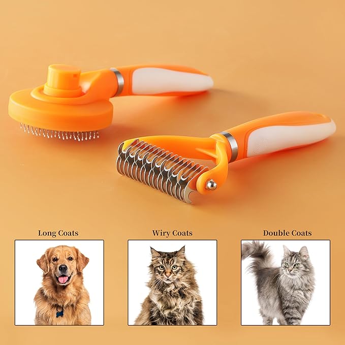 Pet Grooming Brush and Self Cleaning Slicker Brush, Dog Brush Cat Brush for Shedding, Undercoat Rake for Dogs & Cats, Deshedding Dematting Brush for Dogs & Cats, Brushes for Long Haired Pets