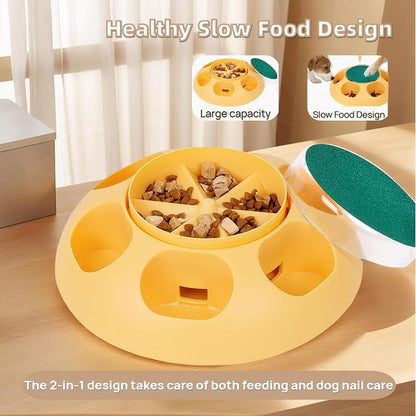Multi-Functional Dog Scratch Pad for Nails,Slow Feeder Dog Bowls with Treat Box, Nail File Toy,Scratch Board for Dogs,4 Replaceable Sandpaper Sheets
