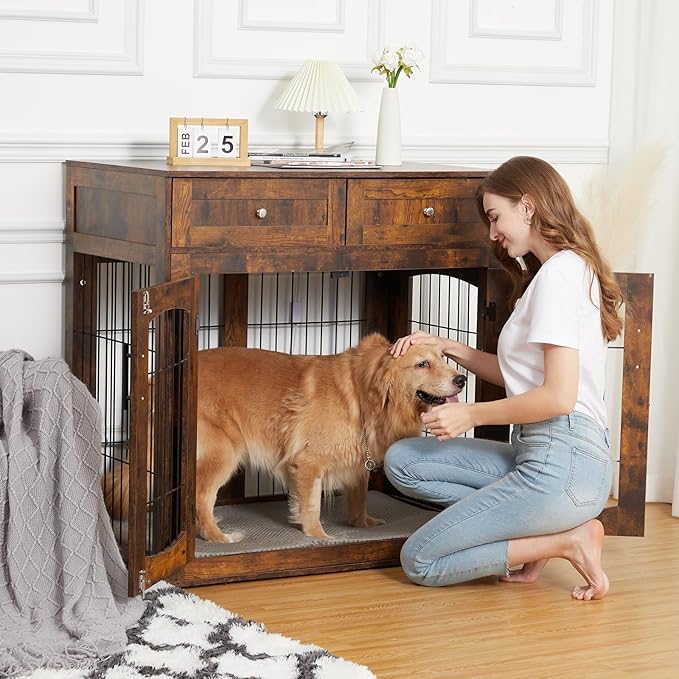 Dog Crate Furniture with Double Drawers, Wooden End Table Dog Kennel, Furniture Style Wood House Crate for Large Dogs, Decorative Dog Crate with Storage for Large Breed, 40 Inch Retro