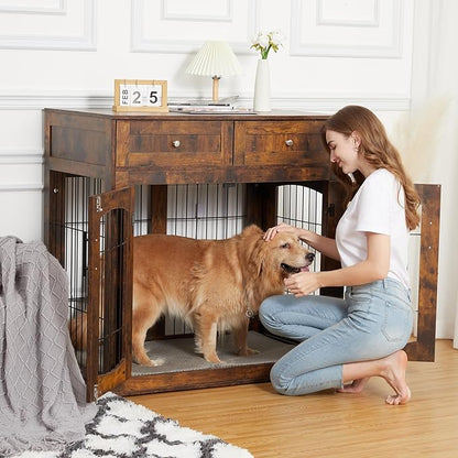 Dog Crate Furniture with Double Drawers, Wooden End Table Dog Kennel, Furniture Style Wood House Crate for Large Dogs, Decorative Dog Crate with Storage for Large Breed, 40 Inch Retro