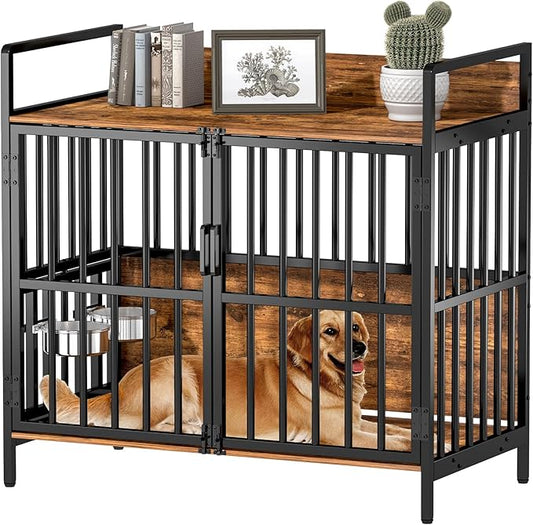 Large Dog Crate Furniture, with 360° Adjustable Elevated Feeder, Heavy Dog Furniture, Indoor Decorative Dog Kennel, Sturdy Metal Construction, 38" W_21" D_36" H, Rustic Brown Finish
