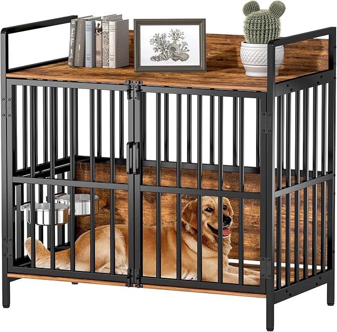 Large Dog Crate Furniture, with 360° Adjustable Elevated Feeder, Heavy Dog Furniture, Indoor Decorative Dog Kennel, Sturdy Metal Construction, 38" W_21" D_36" H, Rustic Brown Finish