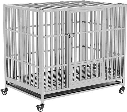 37" 42" 48" Heavy Duty Dog cage Stainless Steel Metal Kennel and Crate, Collapsible for Medium to Large Dogs, Easy to Assemble pet Pen with Four Lockable Wheels, Black Tray (42in)