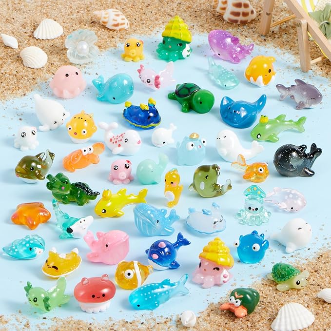 JOYIN 50 Pcs Mini Ocean Resin Animals Figures, Mini Sea Animals Figurines for Aquarium Ornaments Decorations, Cute Garden Accessories, Slime Charms for Crafts, DIY Miniature Scenes