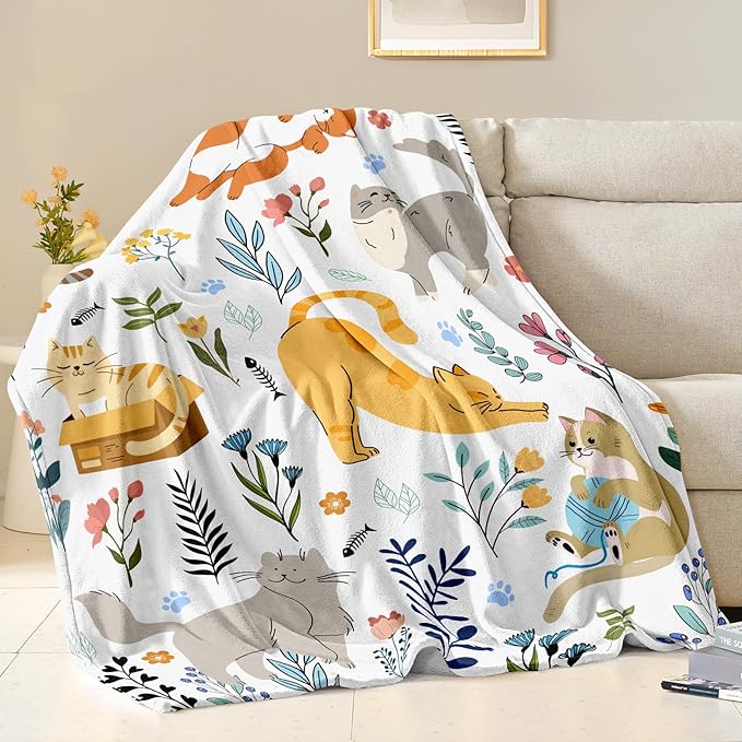 Cat Blanket Gifts for Women Girls Soft Flannel Cats Throw Blanket Merch Stuff for Cat Lovers 60"X 50"