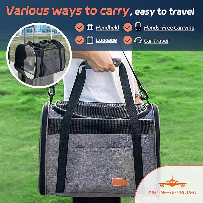Cat Carrier for Large Cats 20 lbs, Soft Sided Breathable Mesh Cat Travel Carrier, Large Cat Carrier Airline Approved, Washable Pet Carrier for Cats Small Dogs Puppies, Foldable Cat Carrier, Gray