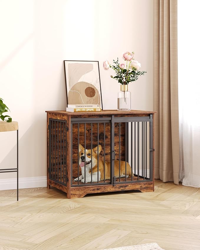 Dog Crate Furniture, 32" Double Door Dog Crate with Barn Door, Dog Kennel Indoor, End Side Table Wooden Dog Crates for Small Medium Large Dogs, Anti-Chew Anti-Escape, Rustic Brown DFC83601B