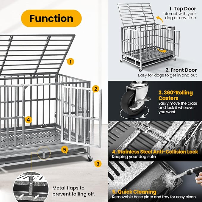 38 inch Heavy Duty Indestructible Dog Crate,2025 New Upgraded Reinforced Baseplate for Large Dogs,XL Dog Crate for High Anxiety Dogs/Max Load Capacity 200lbs/Double Door with Wheelsï¼_ilverï¼