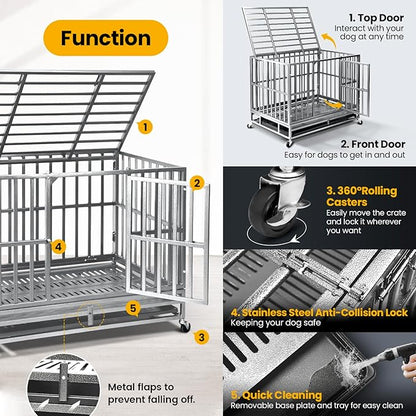 38 inch Heavy Duty Indestructible Dog Crate,2025 New Upgraded Reinforced Baseplate for Large Dogs,XL Dog Crate for High Anxiety Dogs/Max Load Capacity 200lbs/Double Door with Wheelsï¼_ilverï¼