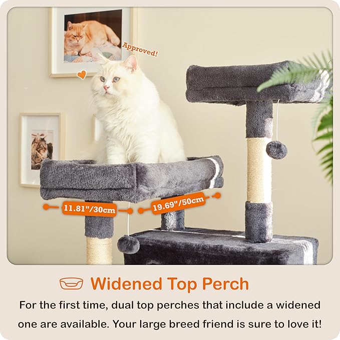 Ouritsu Cat Tree, 57 inch Cat Tower for Large Cat Indoor, 2 Top Perches with 1 Widened, 2 Condos with 1 Enlarged, Steel Frame Hammock, Scratching Posts and Scratching Pad, Dark Gray, LF003DG