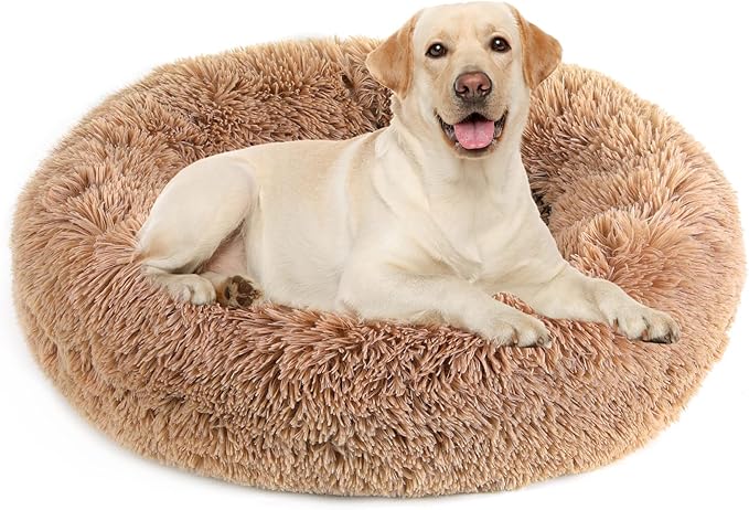NOYAL Calming Donut Dog Bed for Small to Medium Dogs & Cats - Plush Faux Fur Anti-Anxiety Pet Bed with Machine Washable Cover & Non-Slip Base
