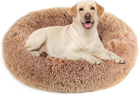 NOYAL Calming Donut Dog Bed for Small to Medium Dogs & Cats - Plush Faux Fur Anti-Anxiety Pet Bed with Machine Washable Cover & Non-Slip Base