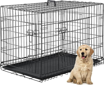 24/7 Shop at Home Gossamer Metal Double Door Folding Wire Pet Crate with Divider, Removable Tray, and Handle for Outdoor and Indoor Medium Dog, 48-inch, Black