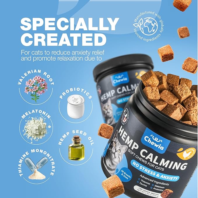 Cat Calming Treats - Probiotic Melatonin Soft Chews for Cat Anxiety Relief - Calming Chews for Stress, Storms, Travel, Grooming, Separation Anxiety - Behavioural Support