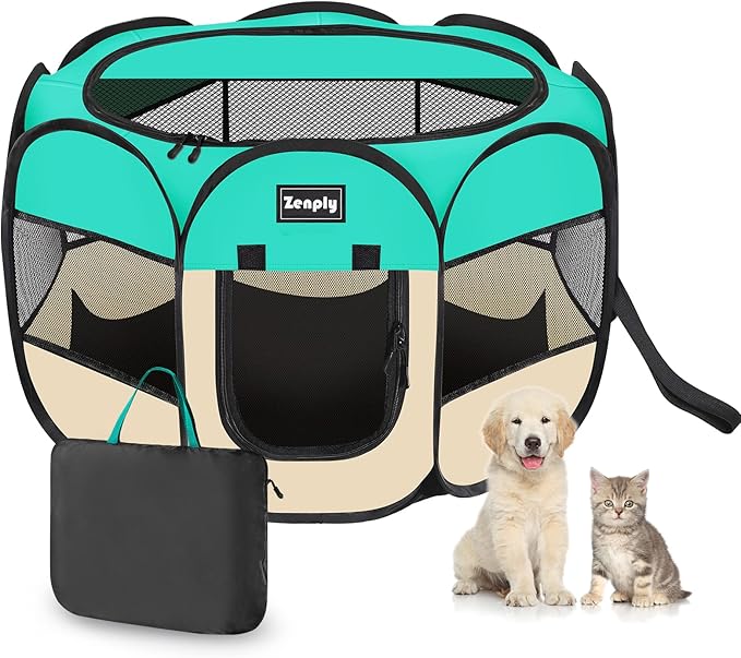 Portable Pet Dog Playpen, Pet Playpen Foldable Extra Heavy Duty Pop Up No Assembly Kennel Tent Crate Indoor Outdoor with Shade Ventilation Mesh for Small Dog, Kitten, Cat, Rabbit (Turquoise)
