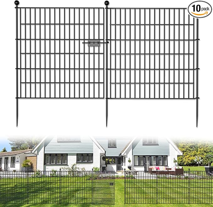10 Panels No Dig Decorative Outdoor Garden Fence with Gate for Yard, 32 in(H) X 23.6 ft(L) Animal Barrier Fencing Rustproof Metal Wire Panel Border for Dog, Rabbits, and Patio Temporary Ground Stakes
