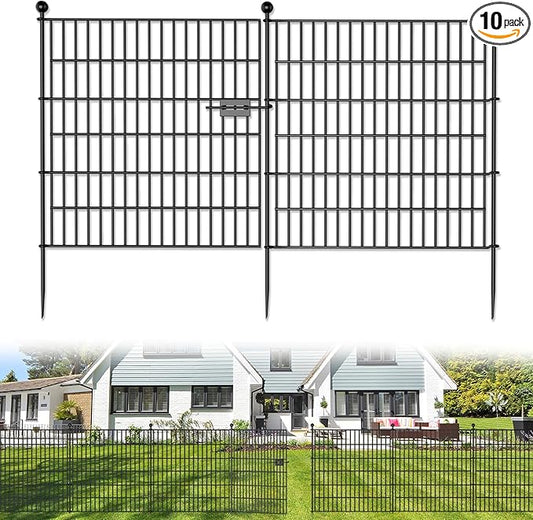 10 Panels No Dig Decorative Outdoor Garden Fence with Gate for Yard, 32 in(H) X 23.6 ft(L) Animal Barrier Fencing Rustproof Metal Wire Panel Border for Dog, Rabbits, and Patio Temporary Ground Stakes