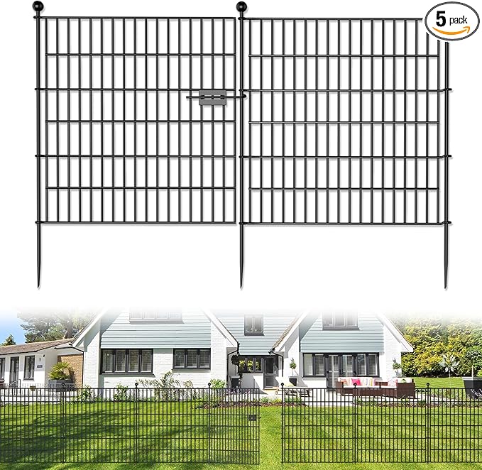5 Panels No Dig Decorative Outdoor Garden Fence with Gate for Yard, 32 in(H) X 11.8 ft(L) Animal Barrier Fencing Rustproof Metal Wire Panel Border for Dog, Rabbits, and Patio Temporary Ground Stakes