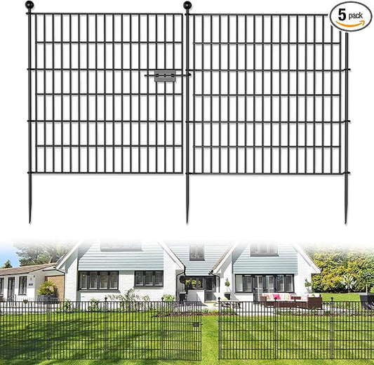 5 Panels No Dig Decorative Outdoor Garden Fence with Gate for Yard, 32 in(H) X 11.8 ft(L) Animal Barrier Fencing Rustproof Metal Wire Panel Border for Dog, Rabbits, and Patio Temporary Ground Stakes