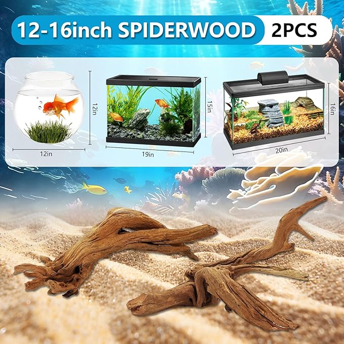 2 Pcs Natural Large Driftwood for Aquarium, Aquarium Driftwood Freshwater 12-16 Inch, Assorted Size Mopani Wood, Twisted Branches for Fishtank Accessories, Reptile Terrariums Decorations