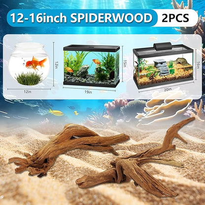 2 Pcs Natural Large Driftwood for Aquarium, Aquarium Driftwood Freshwater 12-16 Inch, Assorted Size Mopani Wood, Twisted Branches for Fishtank Accessories, Reptile Terrariums Decorations