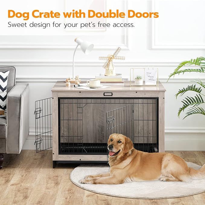 HOOBRO Dog Crate Furniture, 38.6" Large Dog Kennel Indoor, Wooden Dog Crate with Pull-Out Tray, Double Doors Dog House, Modern Side End Table for Small/Medium/Large Dog, Greige BG982GW03