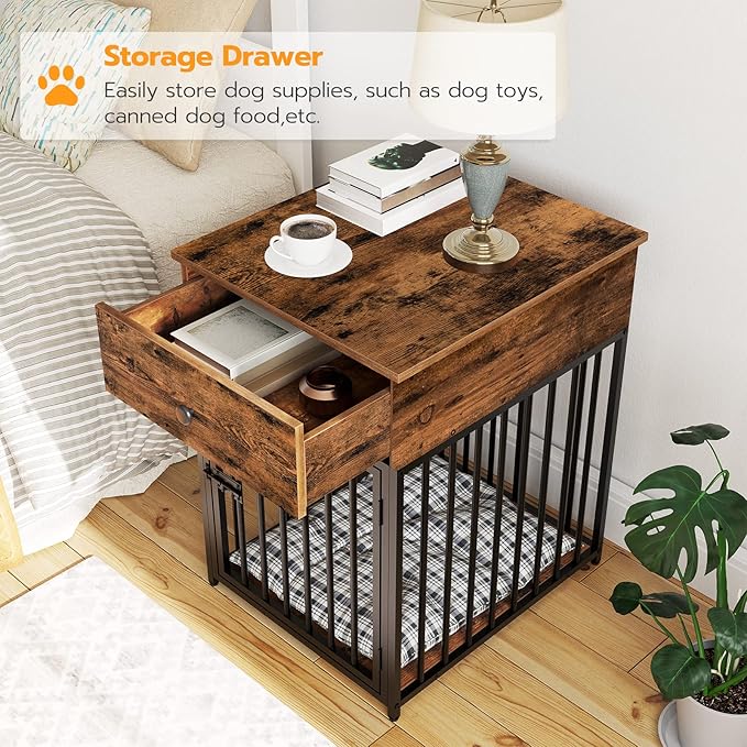 HOOBRO Dog Crate Furniture, Wooden Dog House, Decorative Dog Kennel with Drawer, Indoor Pet Crate End Table for Small Dog, Steel-Tube Puppy Cage, Chew-Proof, Rustic Brown and Black BF01GW03
