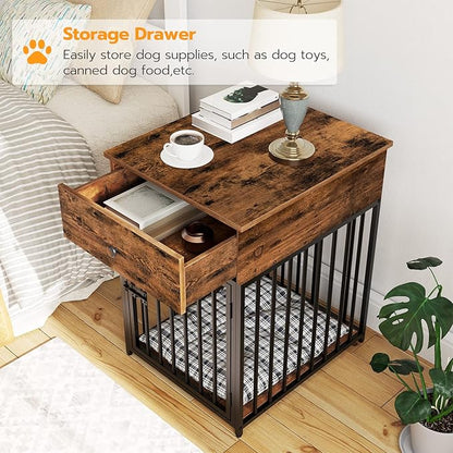 HOOBRO Dog Crate Furniture, Wooden Dog House, Decorative Dog Kennel with Drawer, Indoor Pet Crate End Table for Small Dog, Steel-Tube Puppy Cage, Chew-Proof, Rustic Brown and Black BF01GW03