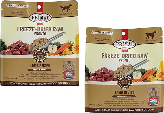 Primal Freeze Dried Dog Food Pronto, Lamb; Scoop & Serve, Complete & Balanced Meal; Also Use as Topper or Treat; Premium, Healthy, Grain Free, High Protein Raw Dog Food (25 oz, 2-Pack)