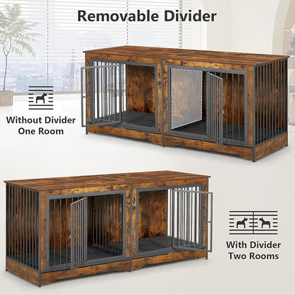 Rovibek Double Dog Crate, TV Stand, 75 Inch Dog Crate Furniture for 2 Dogs, Dog Kennel Indoor with Double Doors, Dog Cage with Removable Divider for Large Medium Dogs, Brown