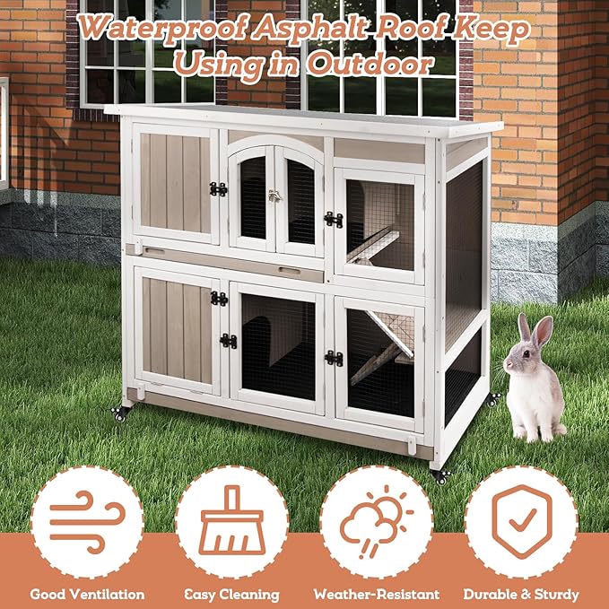 2 Story Large Rabbit Hutch Indoor with 2 Deeper Pull-Out Trays, Wooden Rabbit Cage with 4 Lockable Wheels, Ramp, Chew-Anti Metal Strip for Rabbit, Guinea Pig, Hamster(47" L x 18" W x 42" H)