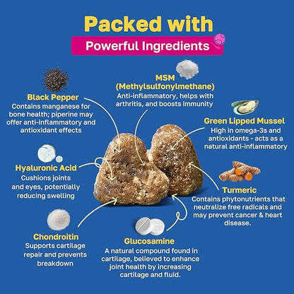 Happy Paws Hip & Joint Supplement for Dogs, Glucosamine Chondroitin For Dogs Of All Breeds, Mobility Support Chews With Hyaluronic Acid & Turmeric, Vegan Bacon Flavor, Organic, Non GMO, 100 Soft Chews