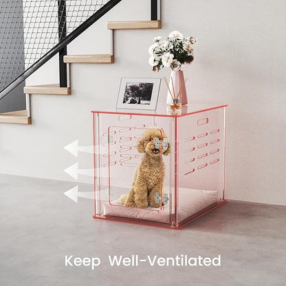 Sumerflos Acrylic Dog Crate Furniture - Clear Pink Dog Kennel End Table for Small Dog Cat Pet, Indoor Lockable End Table Dog Crate Ventilated See-Through, 23.6" L x 17.7" W x 20.0" H