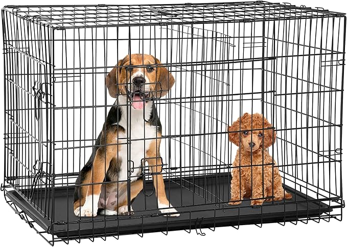24/7 Shop at Home Gossamer Metal Double Door Folding Wire Pet Crate with Divider, Removable Tray, and Handle for Outdoor and Indoor Medium Dog, 48-inch, Black