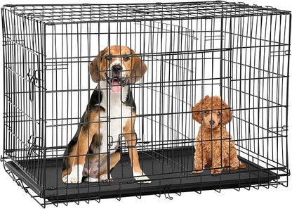 24/7 Shop at Home Gossamer Metal Double Door Folding Wire Pet Crate with Divider, Removable Tray, and Handle for Outdoor and Indoor Medium Dog, 48-inch, Black