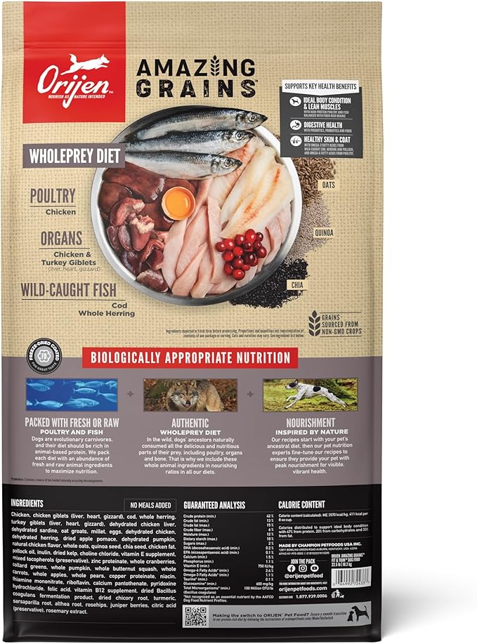 ORIJEN Amazing Grains Fit & Trim Dry Dog Food Recipe, 22.5lb