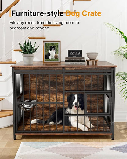Dog Crate Furniture for Large Breed, Sliding Barn Door Dog Crate with Interactive Window for Anxiety Dogs, 360°Rotatable & Elevated Dogs Bowls, Wooden Dog Kennel Furniture, Dog Cage Furniture Indoor
