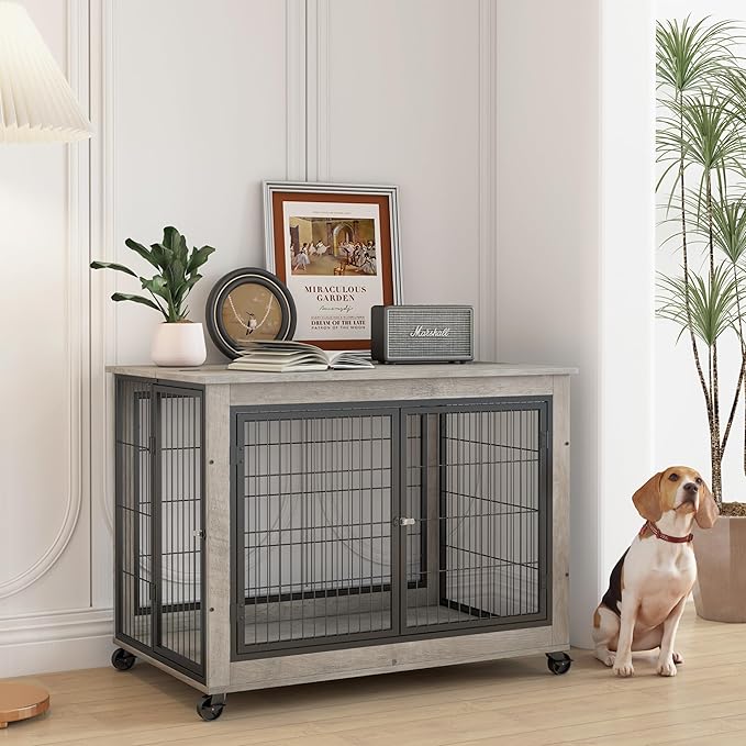 NicBex Dog Crate Furniture Dog Cage with Doors and Lift Top, Dog Kennels for Inside Space, Wooden Dog Crate on Wheels with Durable Frame for Multiple Dogs, Grey