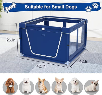 42x42x26 Inches Puppy Playpen with Gate, Small Dog & Puppy Playpen for Indoor & Outdoor, Sturdy Safety Dog Crate with Durable Mesh Windows, Blue