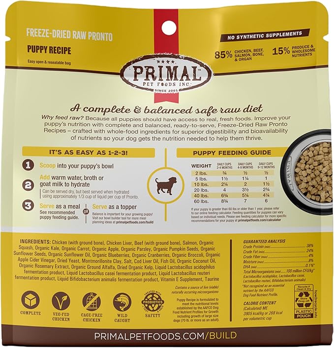 Primal Puppy Dog Food, Freeze Dried Dog Food, Pronto; Scoop & Serve, Complete & Balanced Meal; Also Use As Topper or Treat; Premium, Healthy, Grain Free, High Protein Raw Dog Food (16 oz)