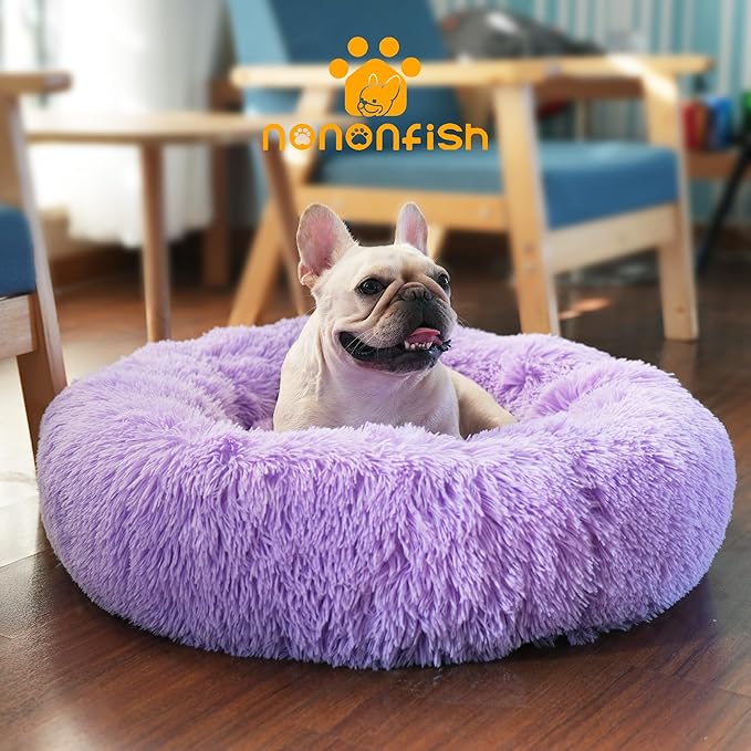 Purple Dog Bed Medium Size Dog 23 Inch Anti-Anxiety Donut Dog Cuddler Bed, Warming Cozy Soft Dog Round Bed, Fluffy Faux Fur Plush Dog Cat Cushion Bed for Small Medium Dogs and Cats